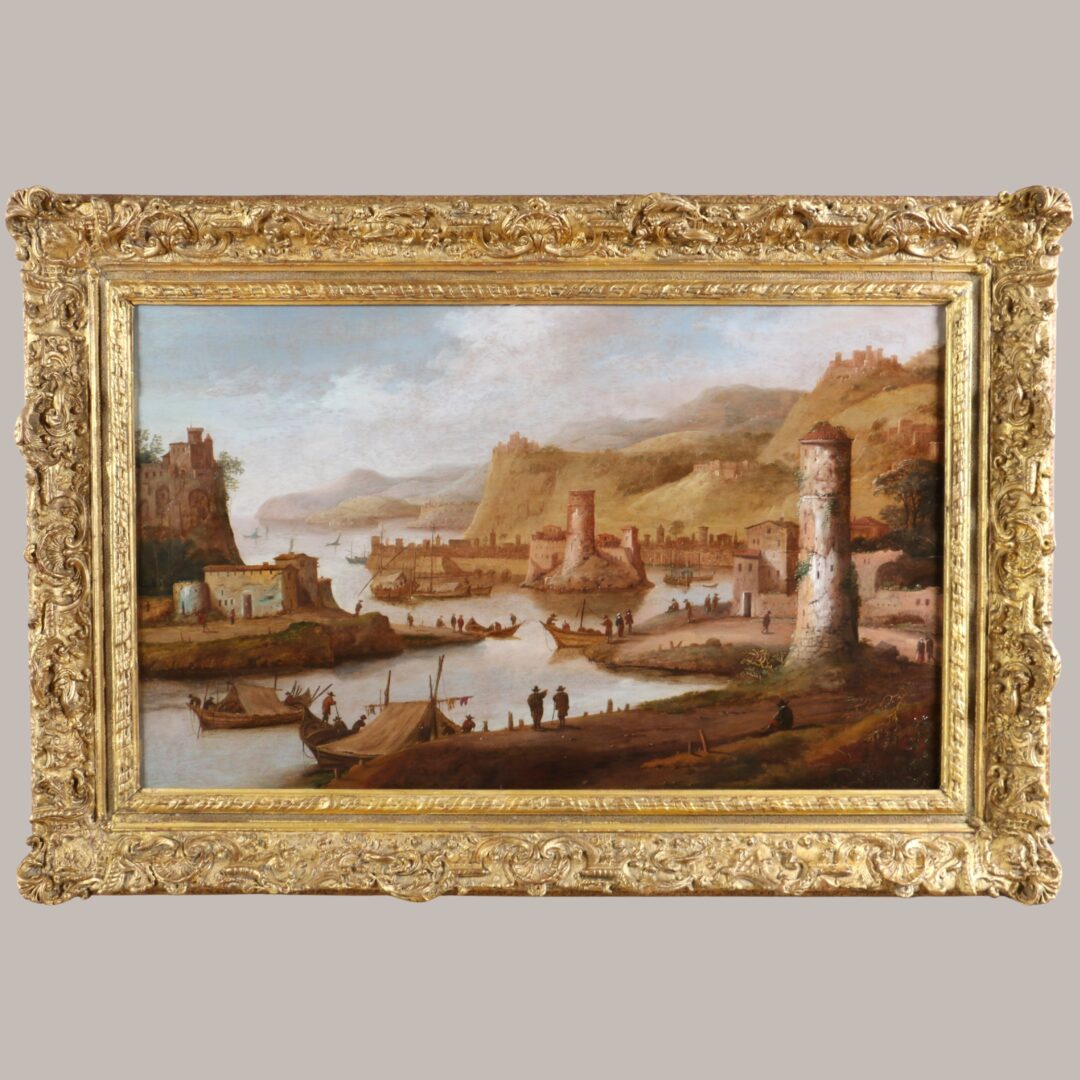 Dirck Vheraert (1610-1680) signé DVH. Grand paysage animé, capriccio maritime.
